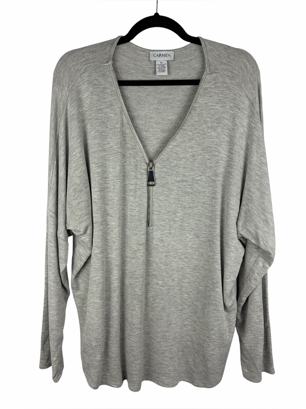Carmen Marc Valvo Gray Dolman Sleeve Half Zip Top XL Soft Stretch